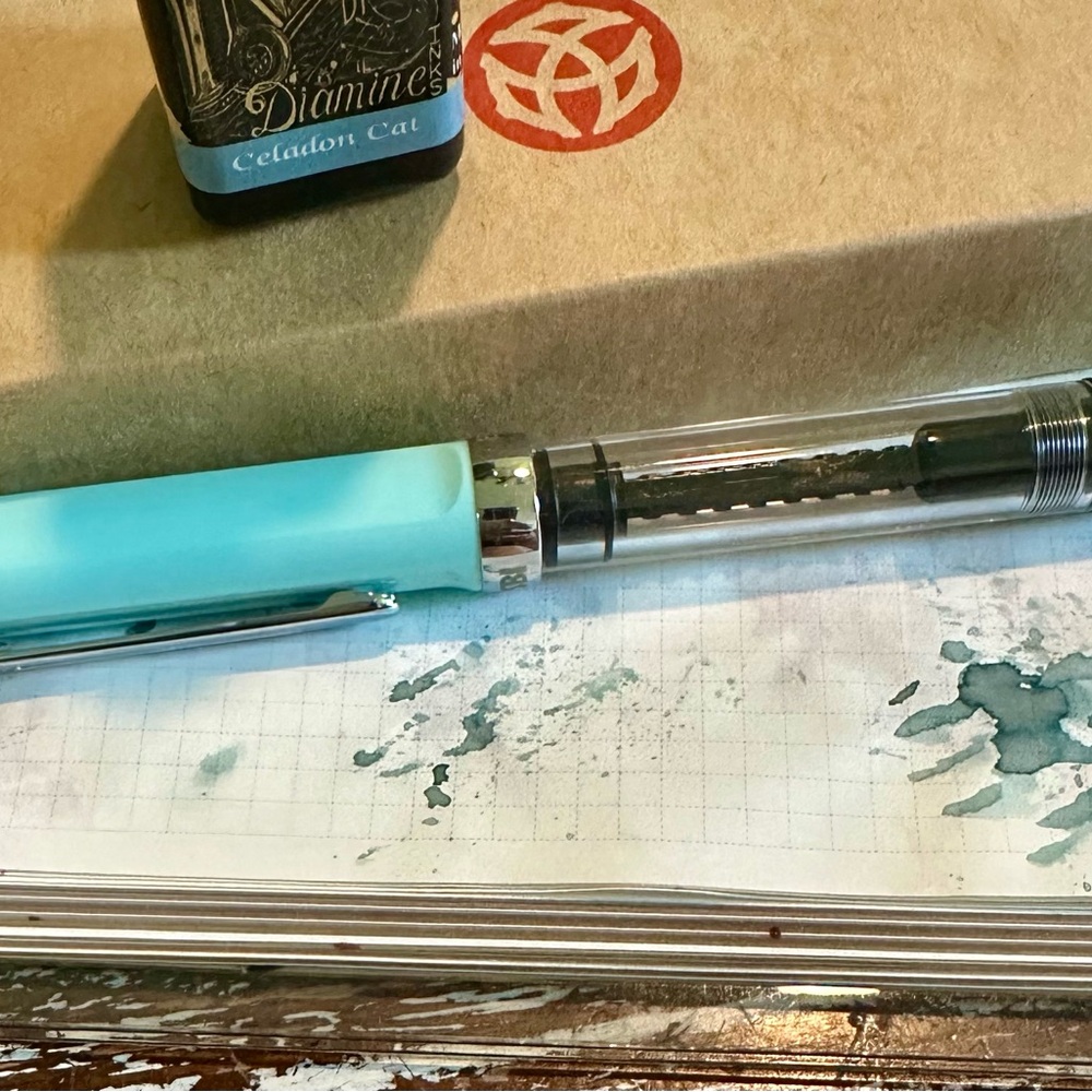 Twsbi Mint Fountain Pen with Diamine ink.